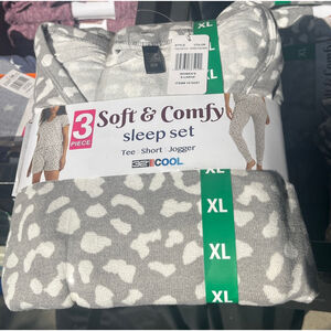 Women's 32 Degrees Cool Gray White Leopard Print 3-Piece Sleep Set Large and XL